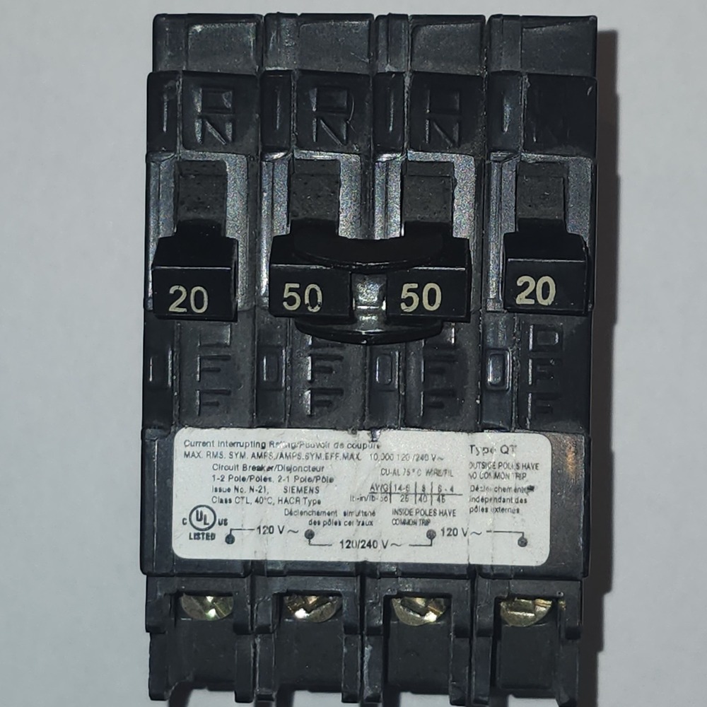 Siemens Q22050CT2 Quad Plug In Circuit Breaker 4 Poles 20-50 Amp 120/240V 10KA